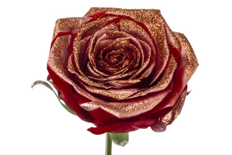 Blumenstrauß von roten Rosen mit großem Blüten mit Kupferglitter