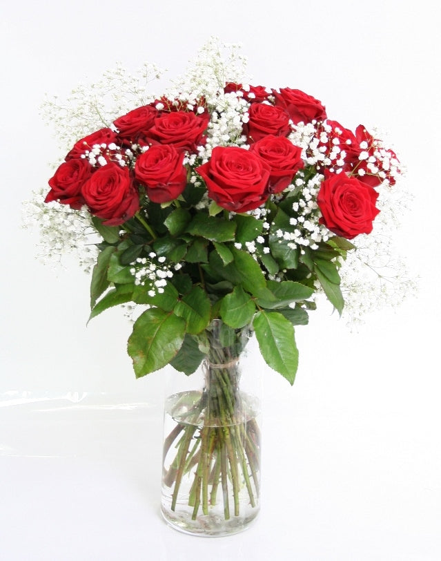 Roter Rosenstrauß von 20 roten Rosen mit Gypsophilen