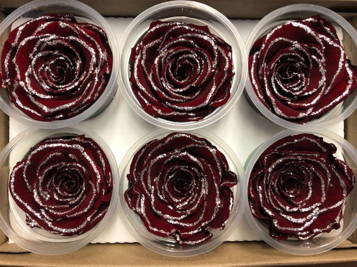 Erhaltte rote Rosen mit Glitzer in einer Geschenkbox